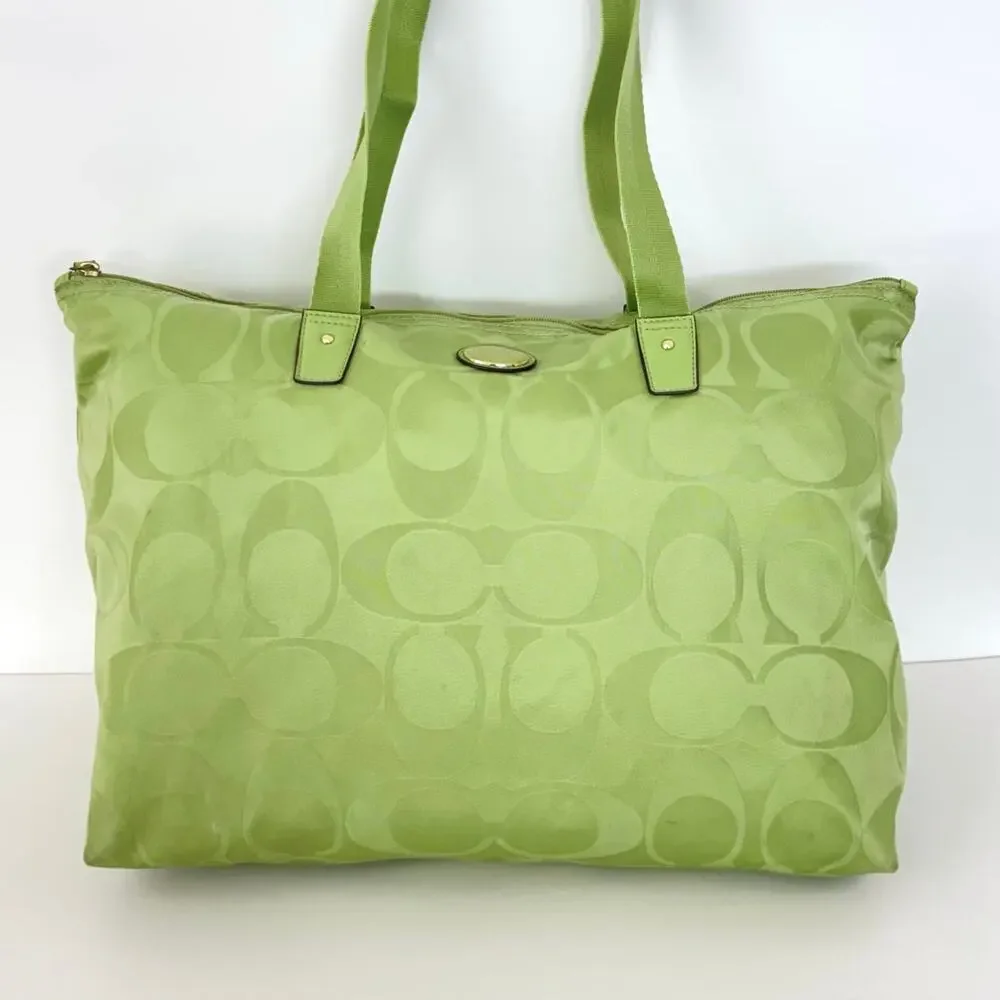 Coach Signature Nylon Packable Tote Bag Removable Pouch Lime Green Overnight - Picture 5 of 15